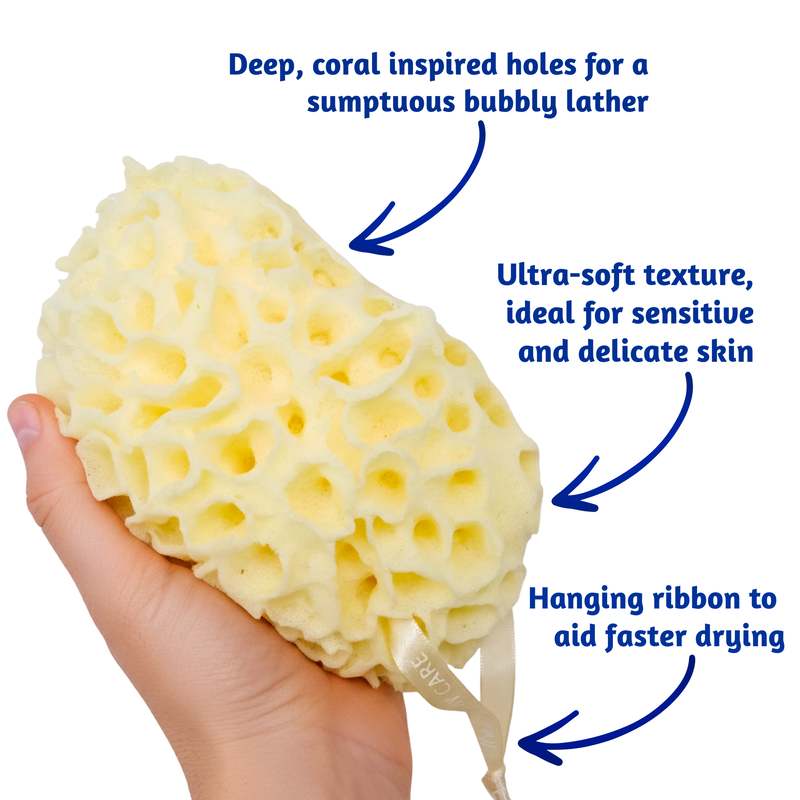 Coral Scrubs Bath Sponge by Thumble Baby Care with text features