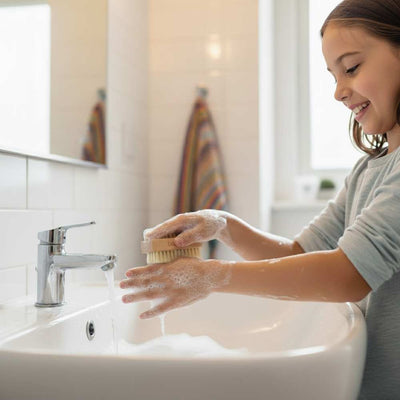Person washing hands with soap and a Thumble Baby Care nail brush in a bathroom sink.