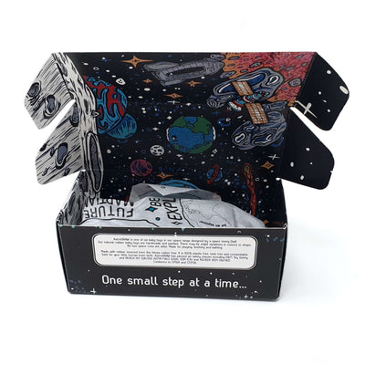Space themed teething and baby toys with highly detailed box packaging